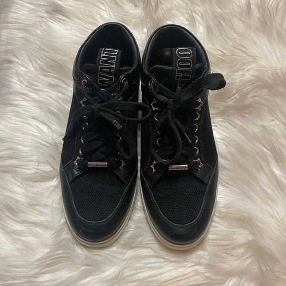Jimmy Choo Black Miami Canvas And Leather Logo Pull Sneakers